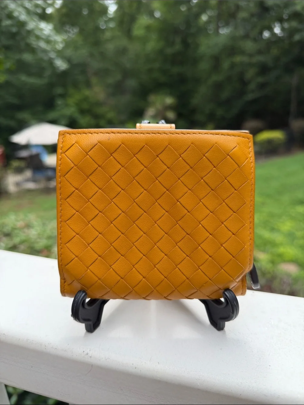 Bottega Veneta Woven Leather Snap Wallet in Mustard GUC